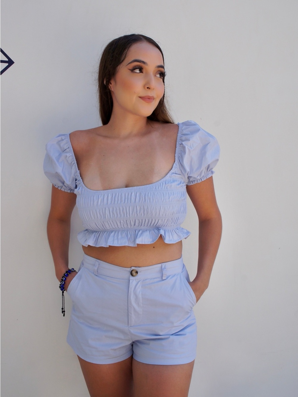 Le Lis Light Blue Smocked Puff-Sleeve Crop Top